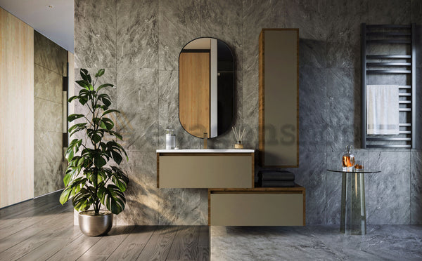 Mobile bagno tortora opaco 80x47 Siena due cassetti con colonna ad anta push&pull e lavabo integrato noce