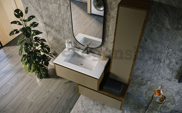 Mobile bagno tortora opaco 80x47 Siena due cassetti con colonna ad anta push&pull e lavabo integrato noce
