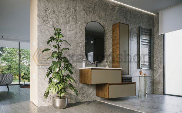 Mobile bagno tortora opaco 80x47 Siena due cassetti con colonna ad anta push&pull e lavabo integrato noce