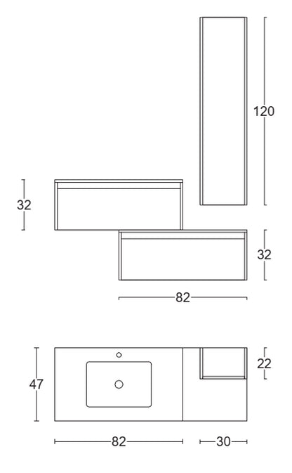Mobile bagno tortora opaco 80x47 Siena due cassetti con colonna ad anta push&pull e lavabo integrato noce