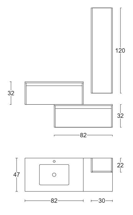 Mobile bagno tortora opaco 80x47 Siena due cassetti con colonna ad anta push&pull e lavabo integrato noce