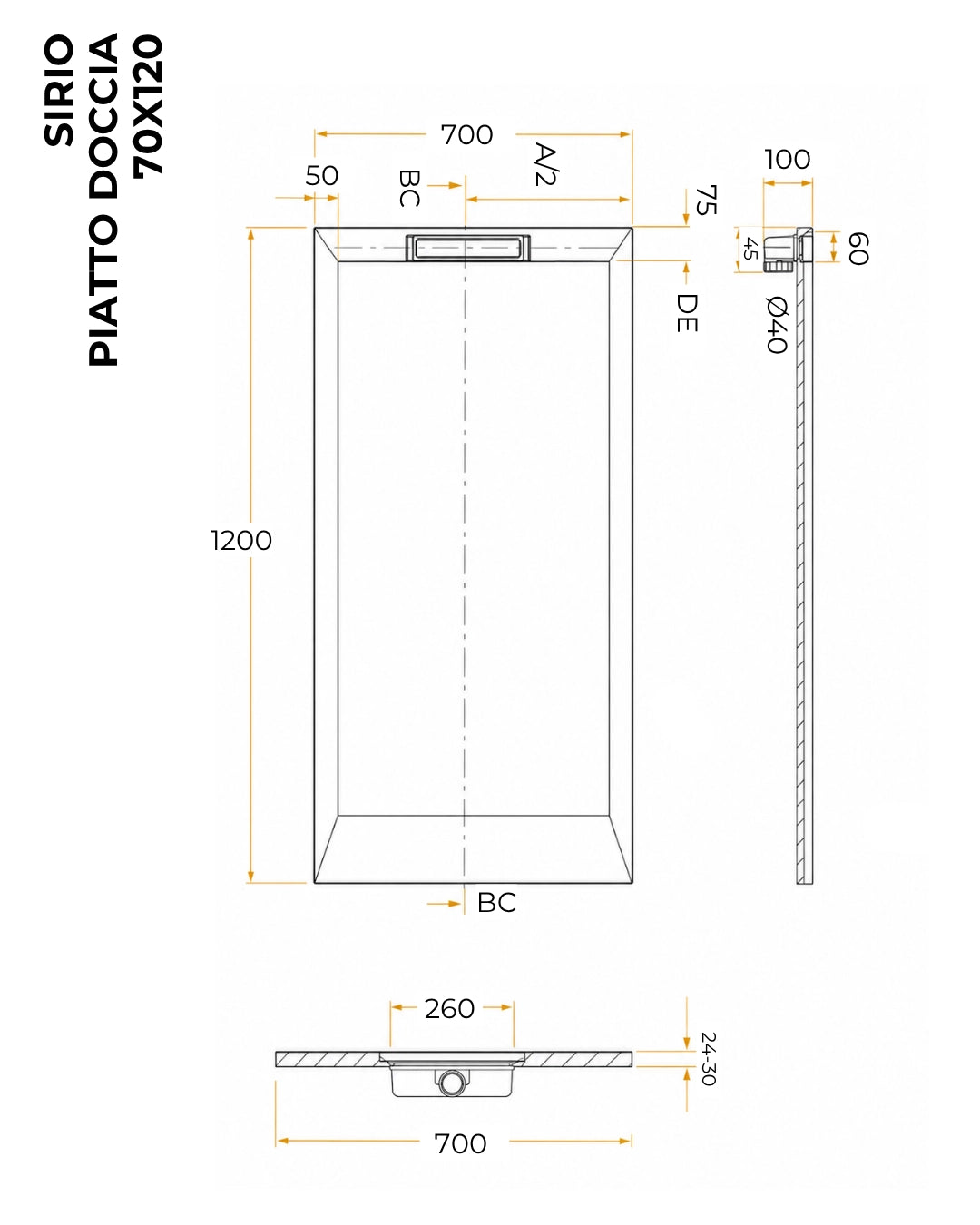 Piatto doccia 70x120 ultrapiatto effetto pietra in resina bianco Sirio