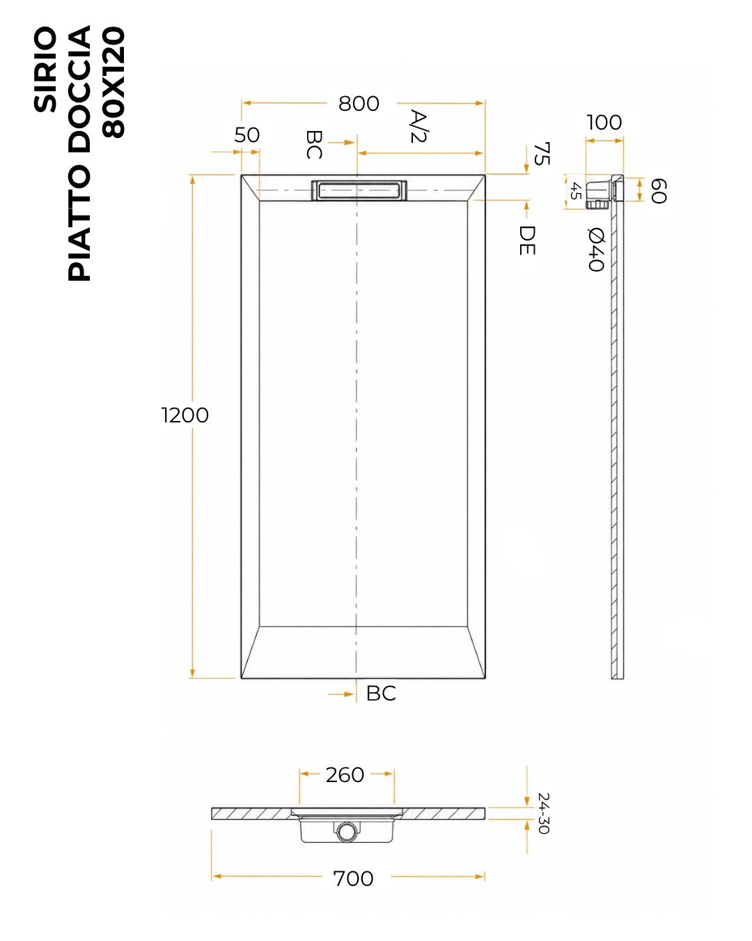 Piatto doccia 80x120 ultraflat effetto pietra in resina bianco Sirio