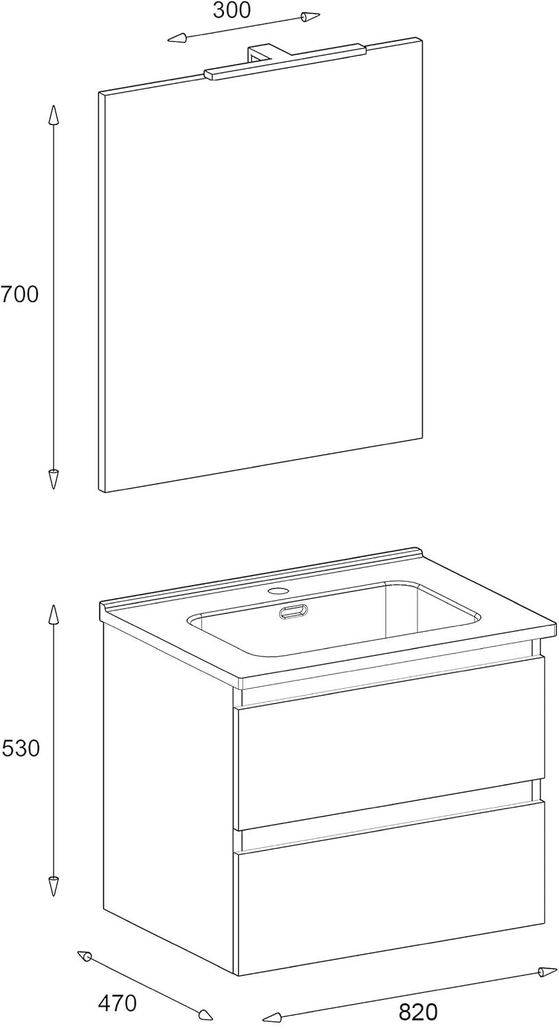 Mobile bagno 80x47 bianco lucido con lavabo specchio e con lavabo e rubinetteria, vista frontale su sfondo neutro...