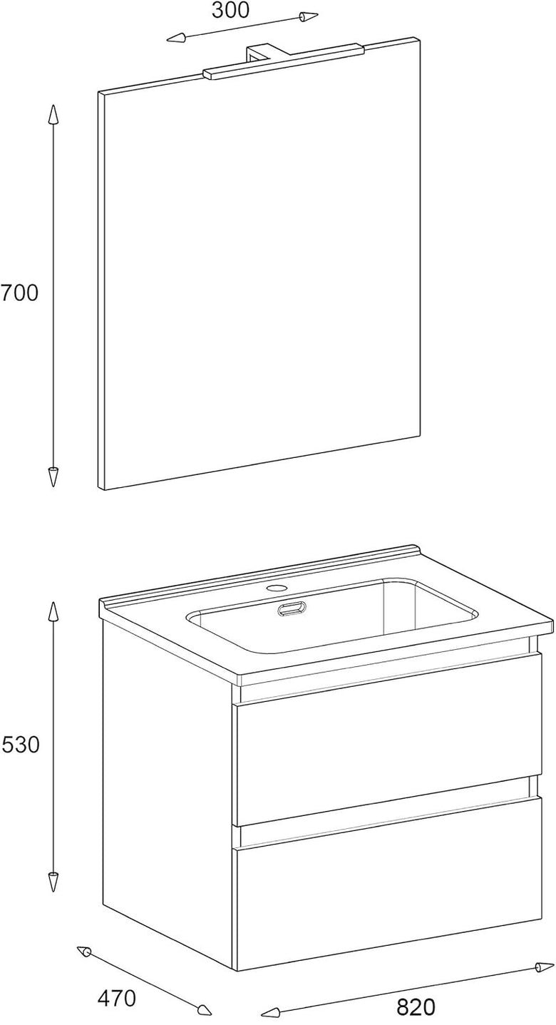 Mobile bagno 80x47 bianco lucido con lavabo specchio e con lavabo e rubinetteria, vista frontale su sfondo neutro...