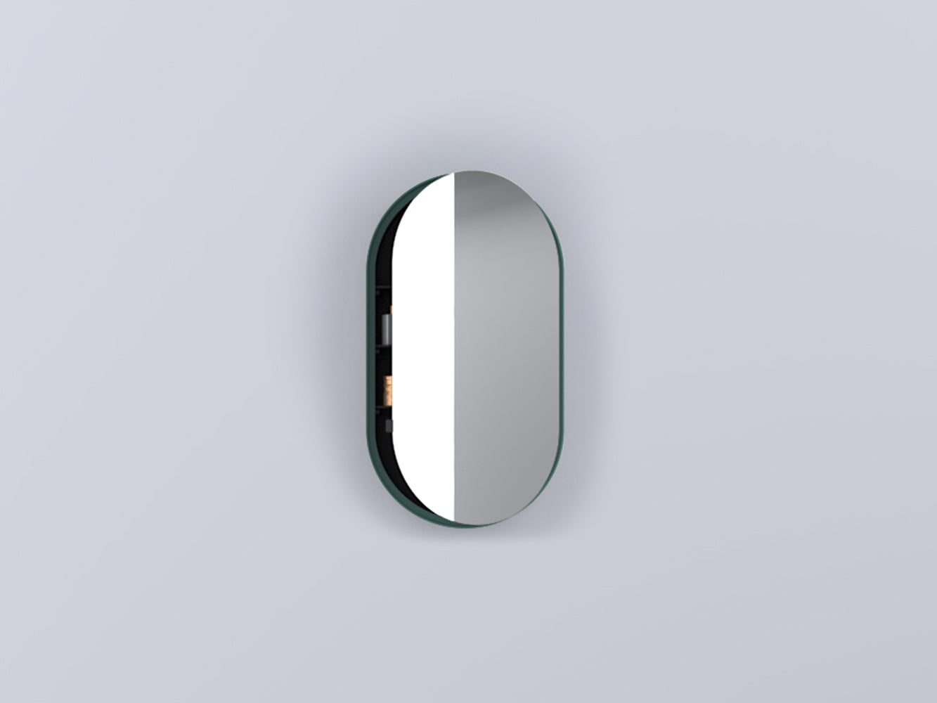 Cielo I Catini Oval Box Specchio 50x90 Contenitore Laccata con lavabo e rubinetteria, vista frontale su sfondo neutro