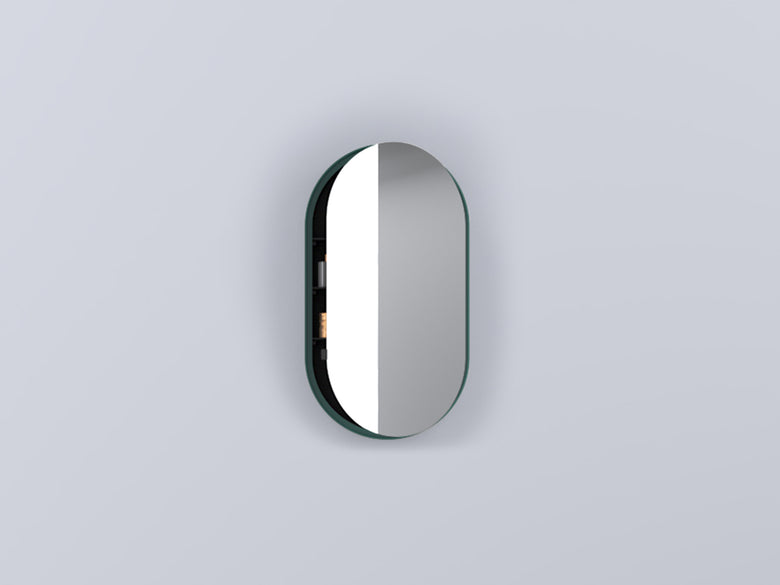 Cielo I Catini Oval Box Specchio 50x90 Contenitore Laccata con lavabo e rubinetteria, vista frontale su sfondo neutro