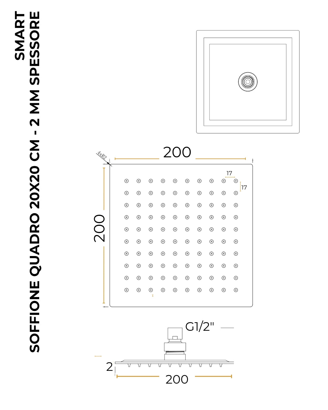 Set soffione doccia 20x20 quadro slim Smart e doccetta cromo
