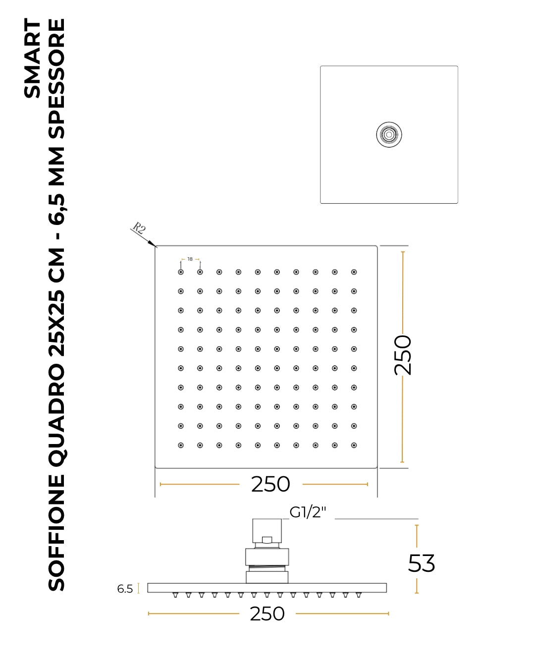 Soffione 25x25 doccia Smart quadro nero opaco