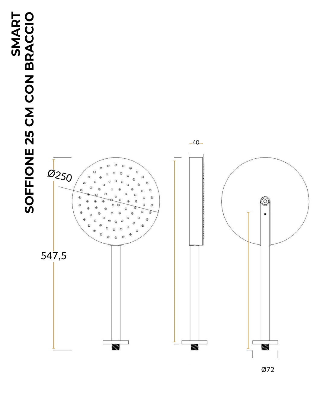 Soffione 25 cm Smart spessore 4 cm con braccio in acciaio nero opaco