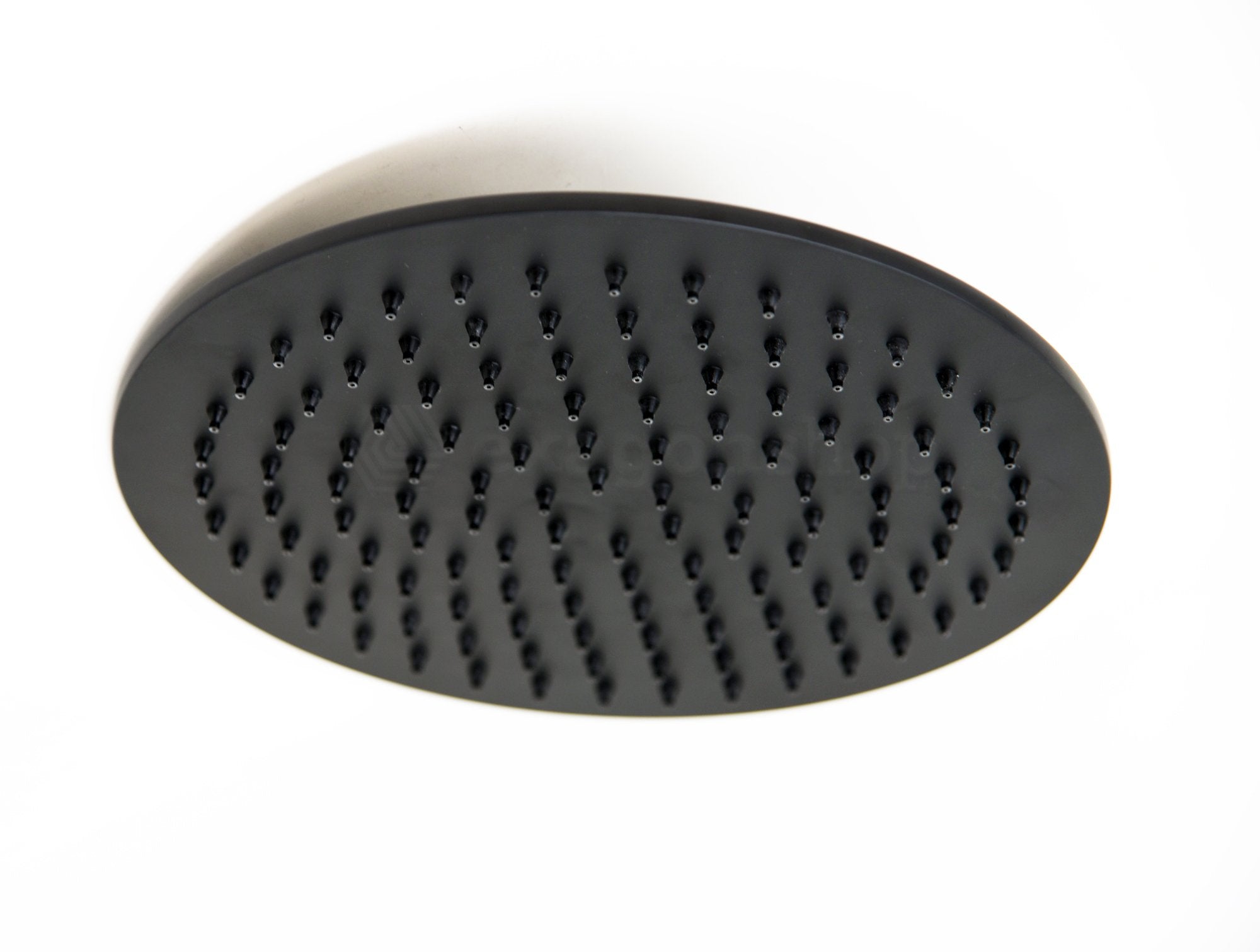 Soffione doccia 25 cm Smart tondo nero opaco, dettaglio ravvicinato della finitura e del marchio - Exagonshop