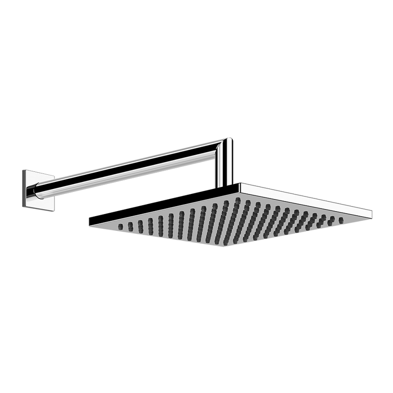 Gessi Emporio Soffione 20x20 anticalcare a parete Cromo Lucido, vista frontale della maniglia e della bocca di erogazione