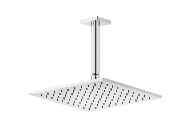 Gessi Soffione 25x25 quadro a soffitto cromo inverso Cromo Lucido, dettaglio ravvicinato della finitura e del marchio