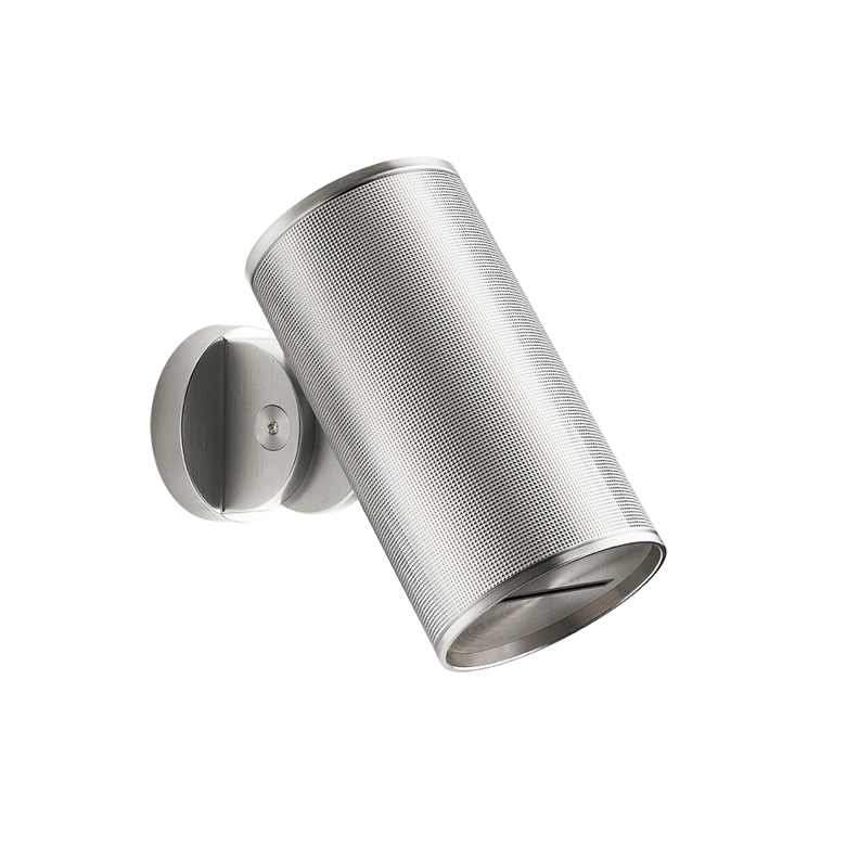 Gessi Soffione a parete cascata steel brushed diamantato, vista frontale della maniglia e della bocca di erogazione