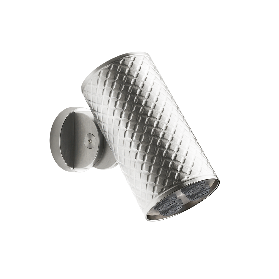 Gessi Soffione a parete multi spray intreccio steel brushed, vista frontale della maniglia e della bocca di erogazione