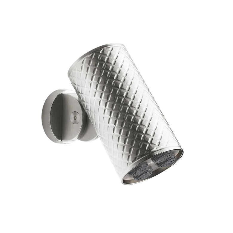 Gessi Soffione a parete multi spray intreccio steel brushed, vista frontale della maniglia e della bocca di erogazione