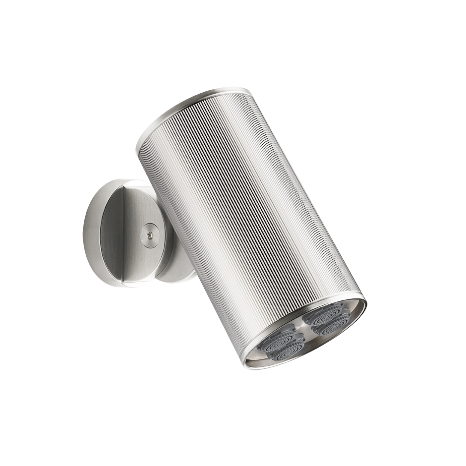 Gessi soffione a parete orientabile funzione multi spray, vista frontale della maniglia e della bocca di erogazione