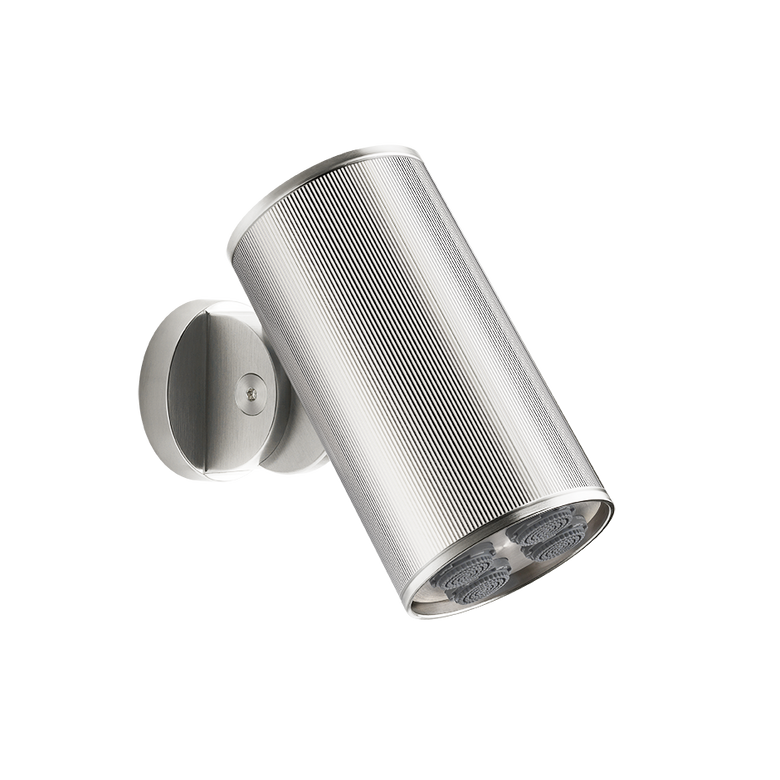 Gessi soffione a parete orientabile funzione multi spray, vista frontale della maniglia e della bocca di erogazione