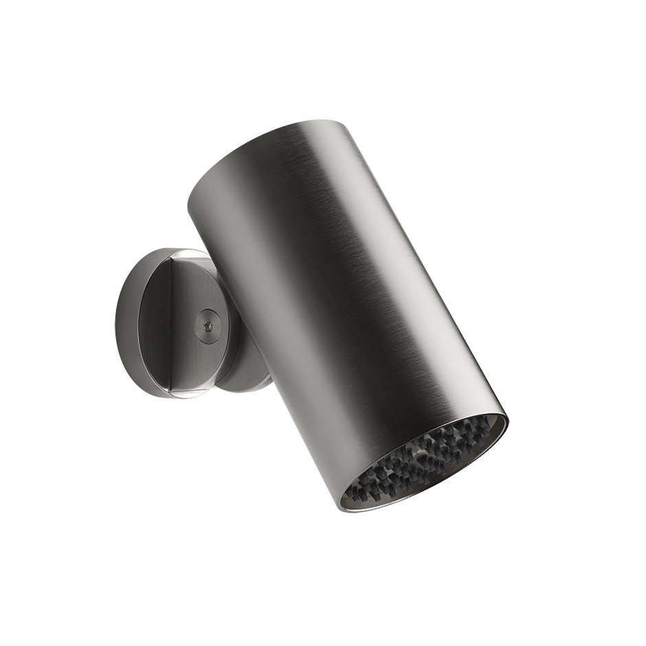 Gessi Soffione a parete intreccio funzione rain 707 Black in pvd, vista frontale della maniglia e della bocca di erogazione