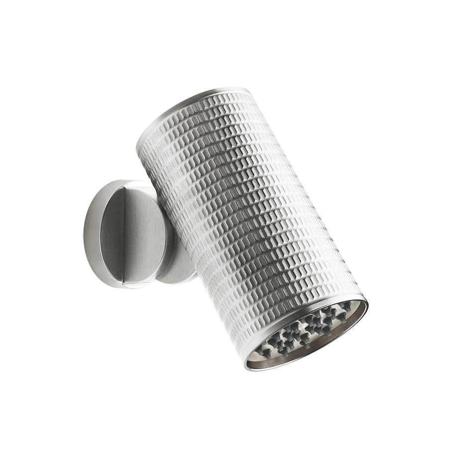 Gessi Spotwater Soffione a parete funzione rain steel, vista frontale della maniglia e della bocca di erogazione