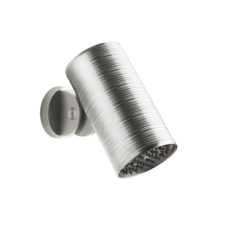 Gessi Soffione a parete funzione multi spray steel brushed, vista frontale della maniglia e della bocca di erogazione