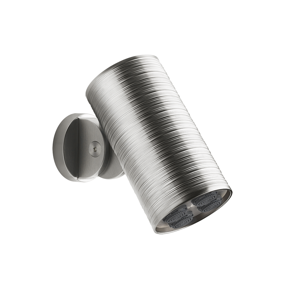 Gessi spotwater Soffione a parete trame multi spray Steel in spazzolato, vista frontale della maniglia e della bocca di...
