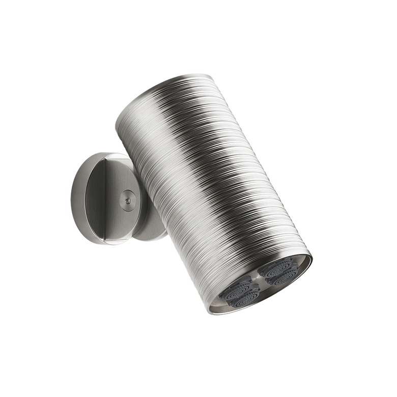 Gessi spotwater Soffione a parete trame multi spray Steel in spazzolato, vista frontale della maniglia e della bocca di...