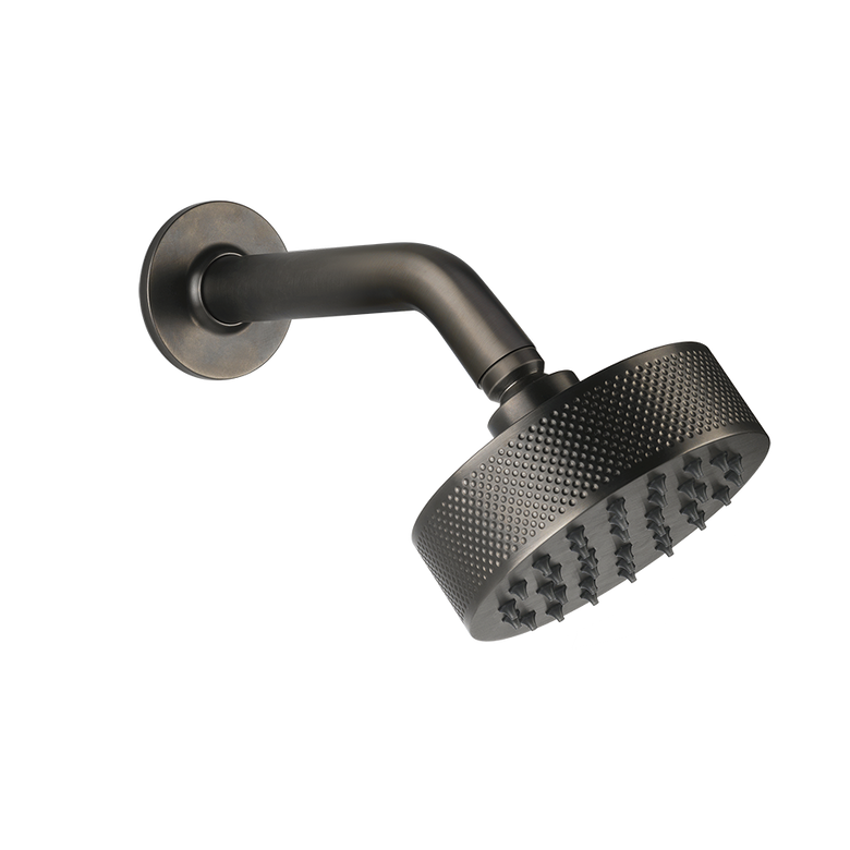 Gessi inciso Soffione doccia 118 mm a parete nero opaco in ottone, vista frontale della maniglia e della bocca di erogazione