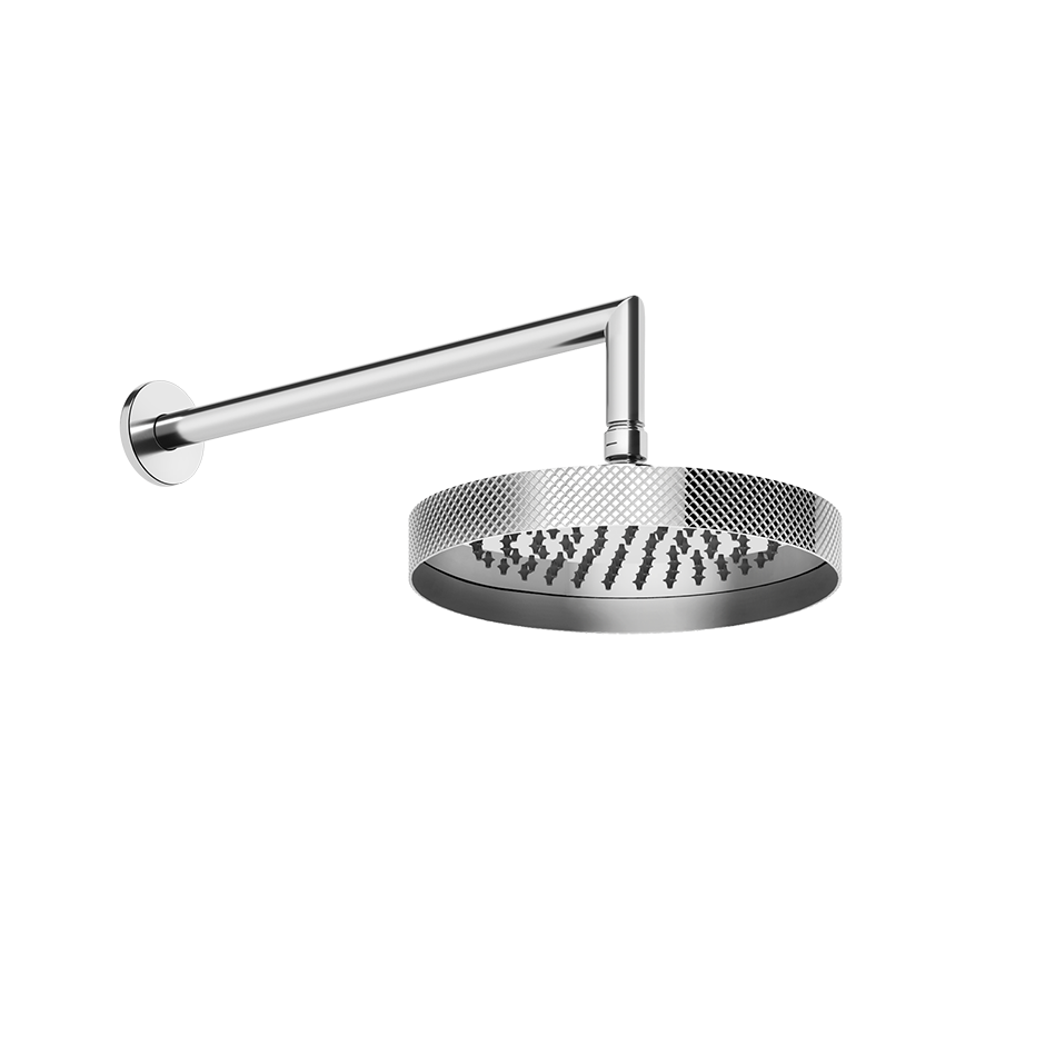 Gessi Anello Soffione doccia 21 cm tondo con braccio a, vista frontale della maniglia e della bocca di erogazione