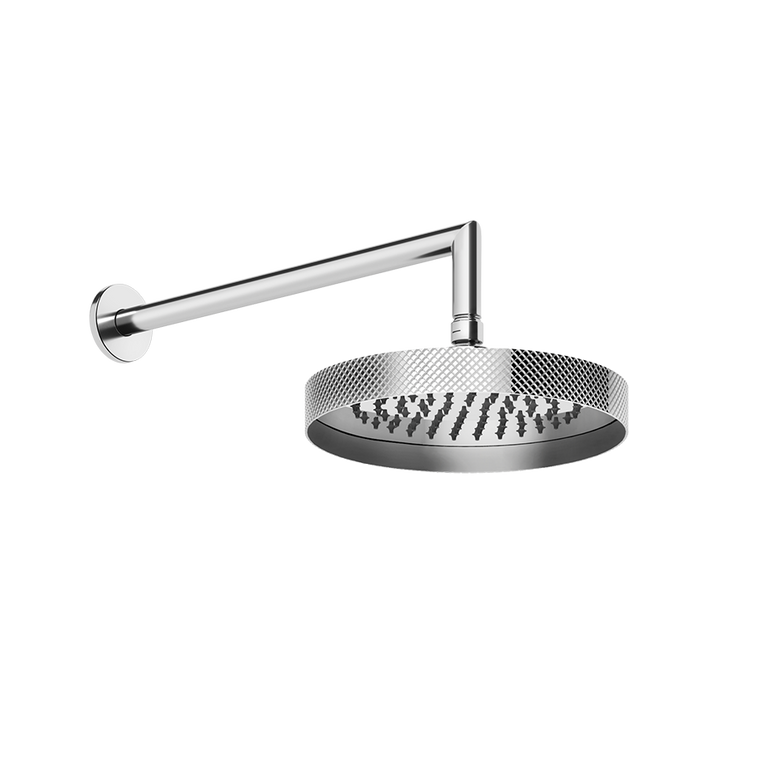 Gessi Anello Soffione doccia 21 cm tondo con braccio a, vista frontale della maniglia e della bocca di erogazione