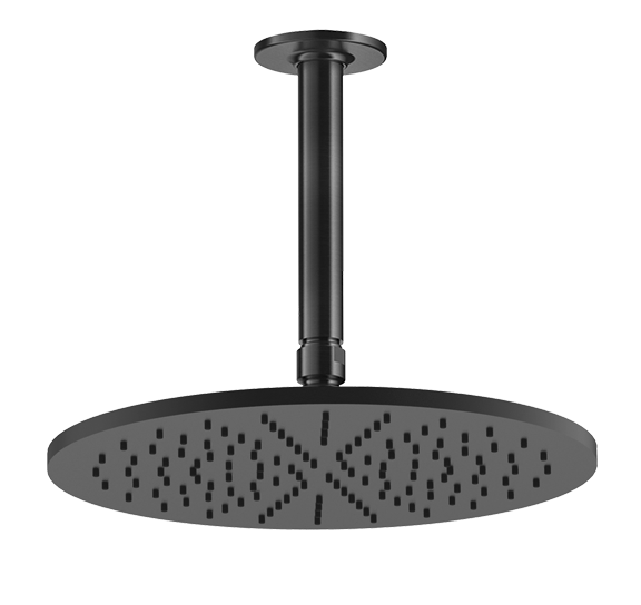 Gessi inciso Soffione 30 cm tondo a soffitto nero opaco, vista frontale della maniglia e della bocca di erogazione