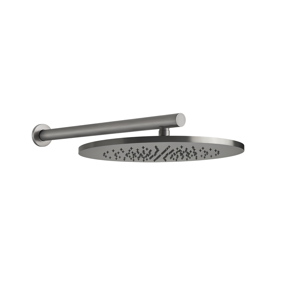 Gessi Soffione doccia 35 cm braccio a parete Steel brushed, vista frontale della maniglia e della bocca di erogazione