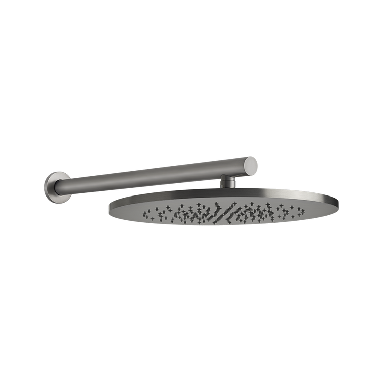 Gessi Soffione doccia 35 cm braccio a parete Steel brushed, vista frontale della maniglia e della bocca di erogazione