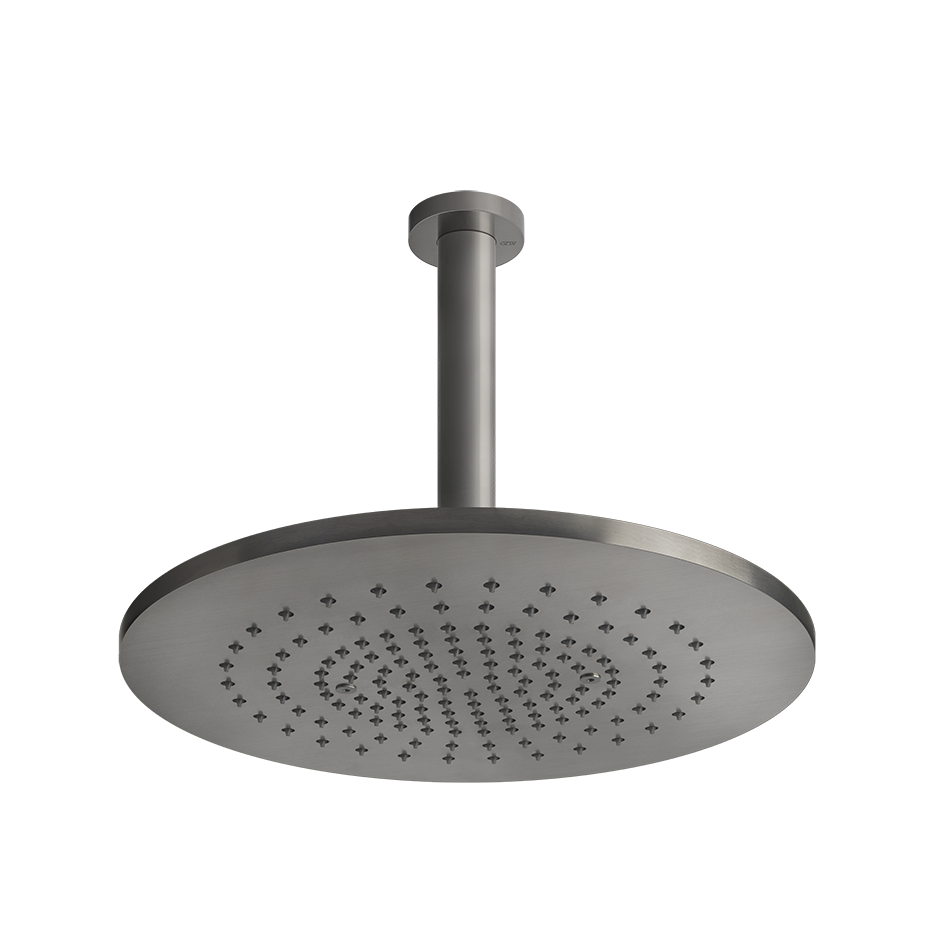 Soffione doccia 35 cm orientabile con braccio a soffitto, vista frontale della maniglia e della bocca di erogazione