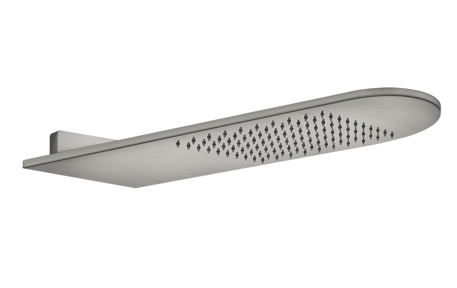 Soffione doccia a parete cromo Steel brushed 239 Inverso, dettaglio ravvicinato della finitura e del marchio