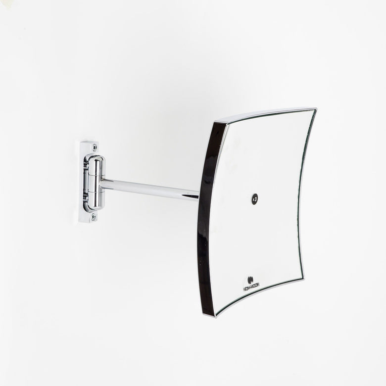 Koh-i-noor QUADROLO specchio ingranditore x3 a muro cromo Cromo Lucido con lavabo e rubinetteria, vista frontale su...