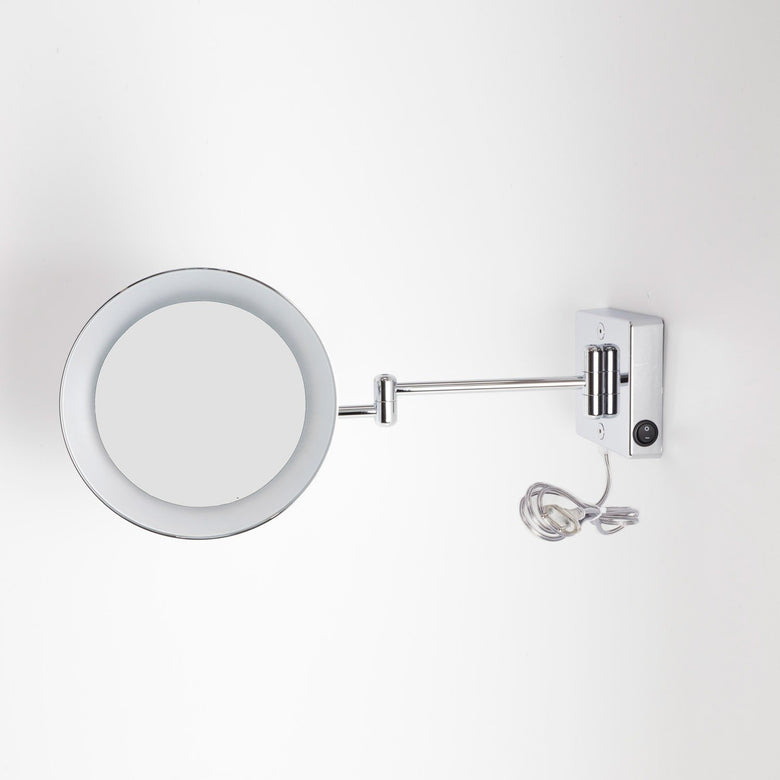 Koh-i-noor Discolo specchio ingranditore x3 led a parete 23 Cromo Lucido con lavabo e rubinetteria, vista frontale su...