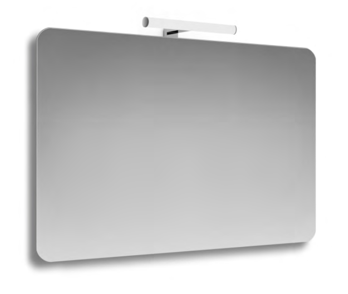 Specchio 90x60 bagno con lampada angolo stondato e Telaio spenta, dettaglio del corpo lampada e dei materiali - Exagonshop