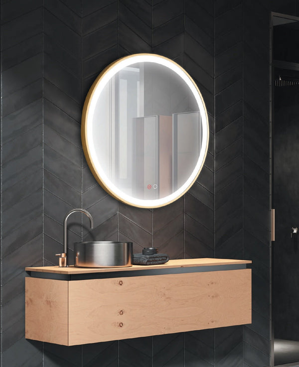Specchio tondo 80 cm oro spazzolato luce calda fredda e neutra con doppio sensore antiappanamento e on off