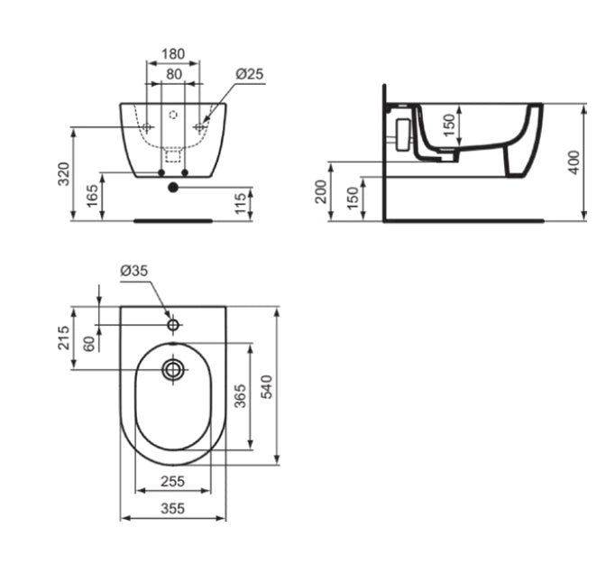 Indeal Standard Blend Curve bidet sospeso bianco lucido, vista laterale del profilo e della forma - Ideal Standard