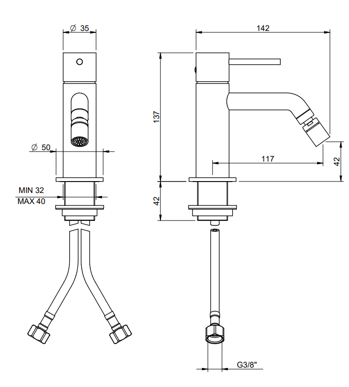Disegno tecnico con quote di Treemme Up+ miscelatore bidet monocomando con leva stick Cromo Lucido - Rubinetterie Treemme