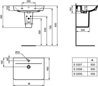 Ideal Standard Connect Air semicolonna per lavabo bianco 00 Bianco visto dall'alto con scarico e interno visibili