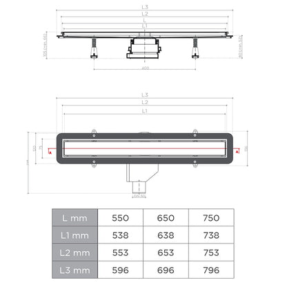 Compact Net Line Canalina doccia a pavimento 55 cm con griglia e scarico Uscita dn 50