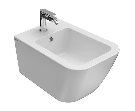 Ceramica Globo Stone coppia sanitari sospesi Chiusura ambientato su piano bagno con accessori