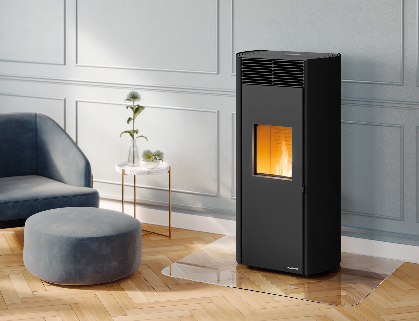 Stufa a pellet ermetica in acciaio verniciato nera con Nero, vista laterale che mostra profilo e dimensioni