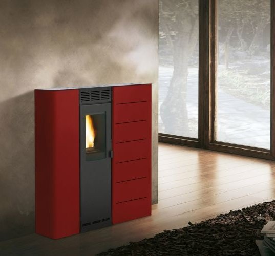 Palazzetti Violetta 7 Stufa A Pellet salvaspazio Ecofire ad, vista laterale che mostra profilo e dimensioni