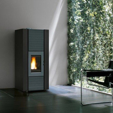 Stufa ermetica a Pellet Ecofire Ad Acqua con top in ghisa e accesa in soggiorno, fiamma visibile attraverso il vetro