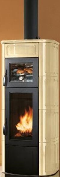 Palazzetti Elisa Stufa A Legna con Forno Con Rivestimento, vista laterale che mostra profilo e dimensioni