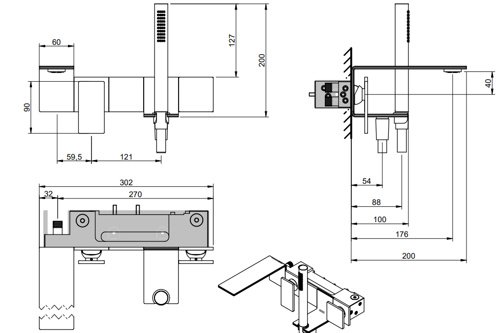 Treemme 5mm miscelatore vasca a muro quadro monocomando con Acciaio visto dall'alto con superficie e piletta di scarico...