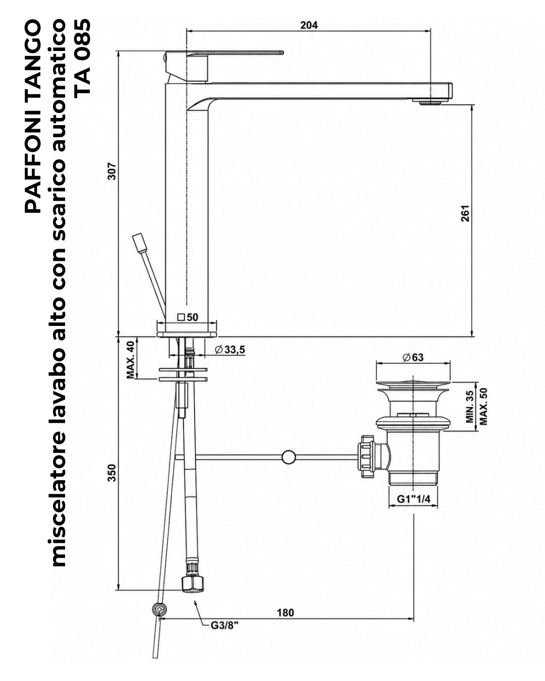Paffoni Tango Ta085st Miscelatore Lavabo alto per ciotola Con Piletta Steel Looking